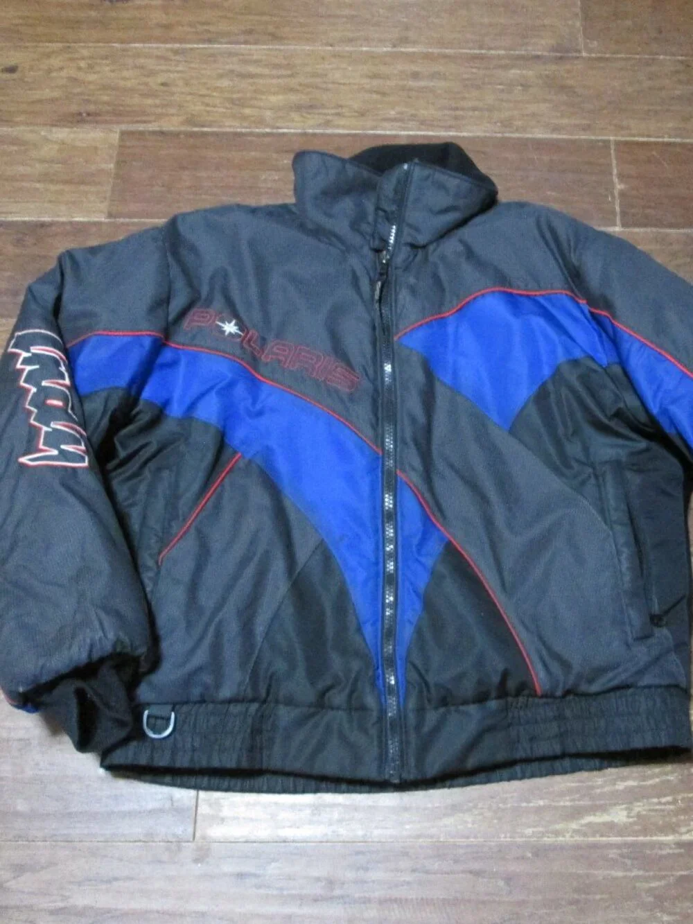 Vtg spellout colorblock Polaris snowmobile Jacket reflective front back sleeve L